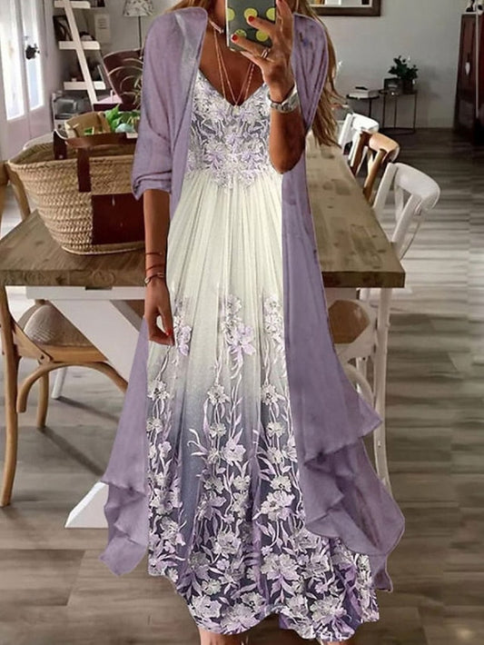 A Line Dress Maxi long Dress Purple Long Sleeve Floral Color Gradient Ruched Print Fall Spring V Neck Elegant Casual  S M L XL XXL 3XL / Loose for Women