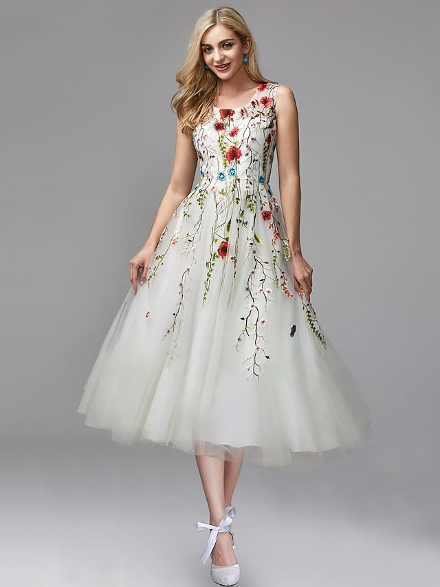 A-Line Prom Dresses Floral Dress Engagement Tea Length Sleeveless Jewel Neck Chiffon with Lace Insert Appliques 2023