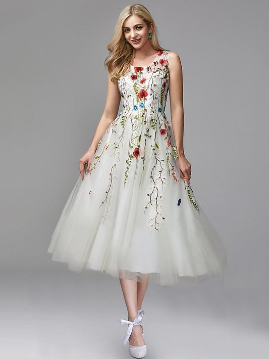 A-Line Prom Dresses Floral Dress Engagement Tea Length Sleeveless Jewel Neck Chiffon with Lace Insert Appliques 2023
