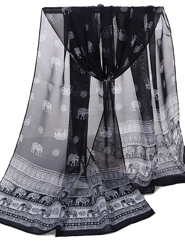 Ladies Exotic Ethnic Wind Elephant Print Chiffon Silk Scarf for Women