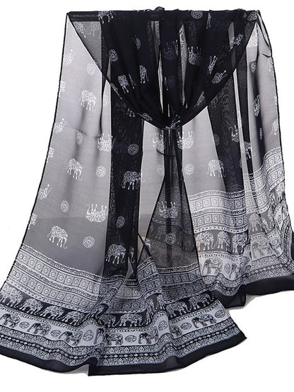 Ladies Exotic Ethnic Wind Elephant Print Chiffon Silk Scarf for Women