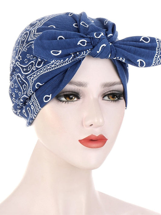 6 Colors New Fashion Bandanas Women Print Knotted Twist Turban Hat Twist Hijab Bonnet Cap India Hat Rabbit Ear Headband Muslim Hijab for Women