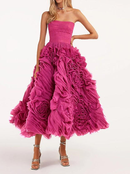 A-Line Prom Dresses Floral Dress Masquerade Ankle Length Sleeveless Strapless Tulle Backless with Floral 2023