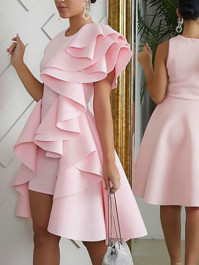 A-Line Princess Cute Cocktail Party Prom Dress Jewel Neck Sleeveless Knee Length Stretch Fabric with Ruffles Pure Color 2022