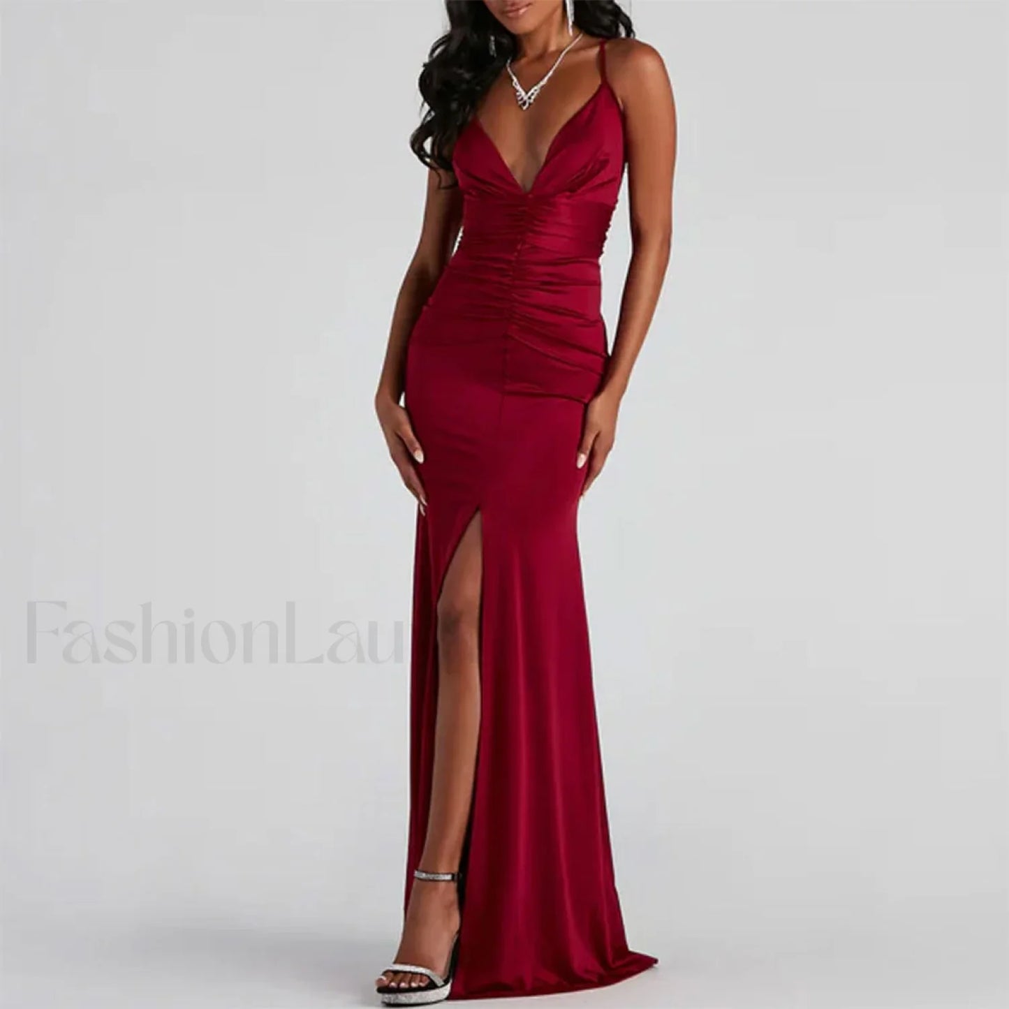V High Slit Maxi Dress - Red