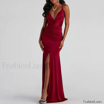 V High Slit Maxi Dress - Red