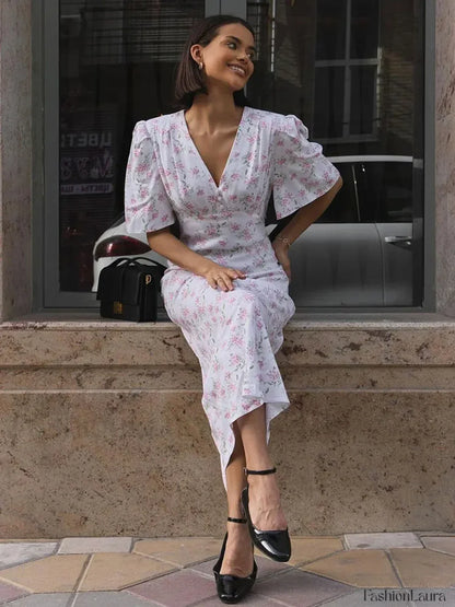 V-Neck Contrast Floral Dress