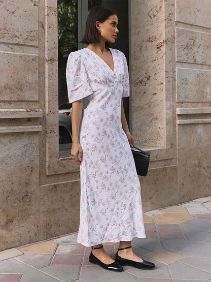 V-Neck Contrast Floral Dress