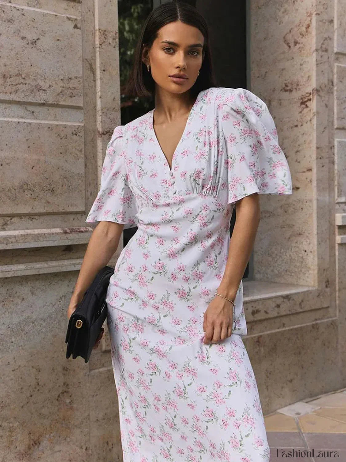 V-Neck Contrast Floral Dress