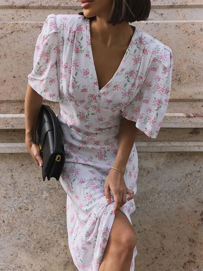 V-Neck Contrast Floral Dress