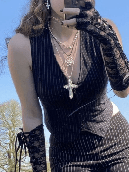 Black V Neck Pinstriped Button Corset Top