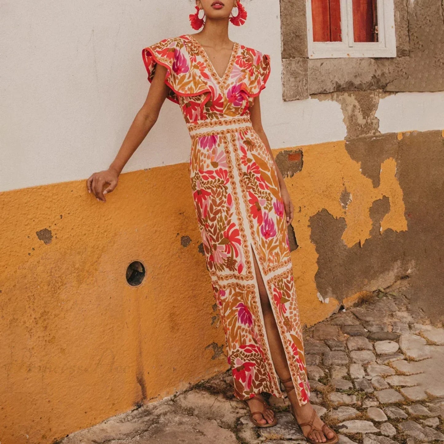 V Neck Retro Print Skirt Two Piece Set