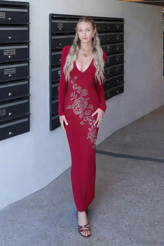 V Neck Rhinestone Fitted Maxi Dress