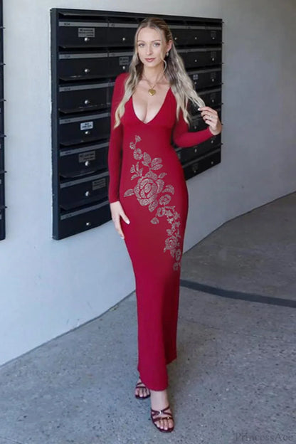 V Neck Rhinestone Fitted Maxi Dress