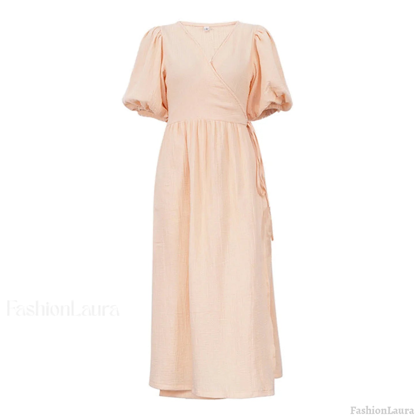 V neck Short Sleeve Lace up Dress French Office Solid Color Dress