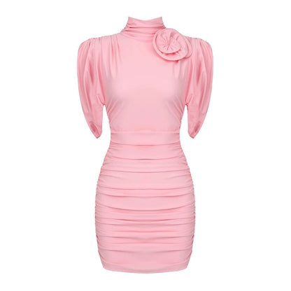 Arwen Mini Dress with 3D Flowers and Draped Shoulders