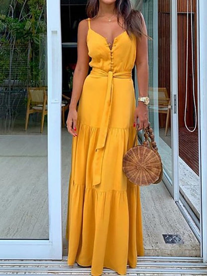 A Line Dress Long Dress Maxi Dress White Yellow Red Sleeveless Pure Color Print Spring Summer Spaghetti Strap Casual Slim  S M L XL XXL 3XL for Women