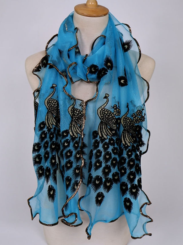 1pcs Women Scarf Elegant Peacock Embroidered Lace Scarf Long Soft Shawl Breathable Long Towel for Women
