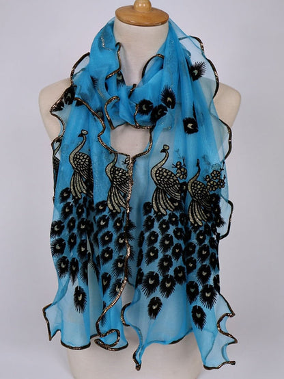 1pcs Women Scarf Elegant Peacock Embroidered Lace Scarf Long Soft Shawl Breathable Long Towel