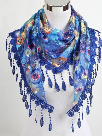 Shawls & Wraps Party Blue Scarf Floral &  Long Triangle Tassel Scarf / Basic / Fall / Winter / Spring for Women