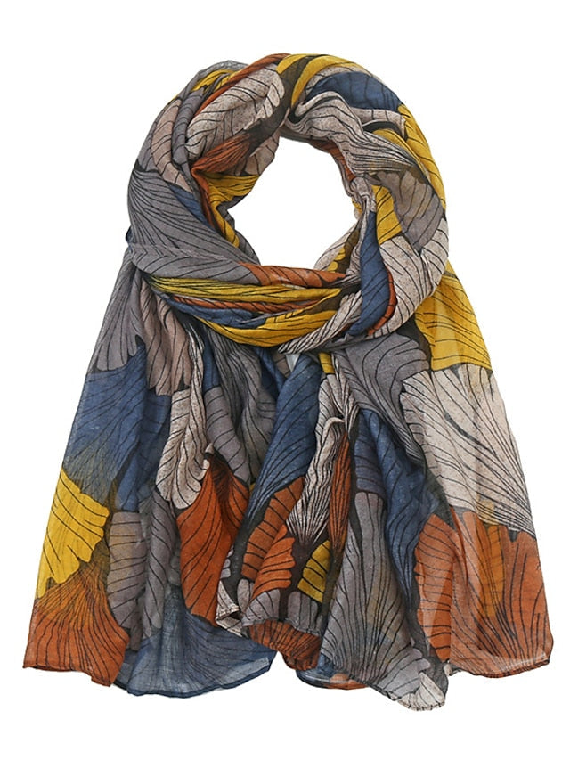 Retro Plant Print Scarves Women Ginkgo Leaf Printing Shawl And Wraps Laday Foulard Flower Hijab Long Style Scarf for Women