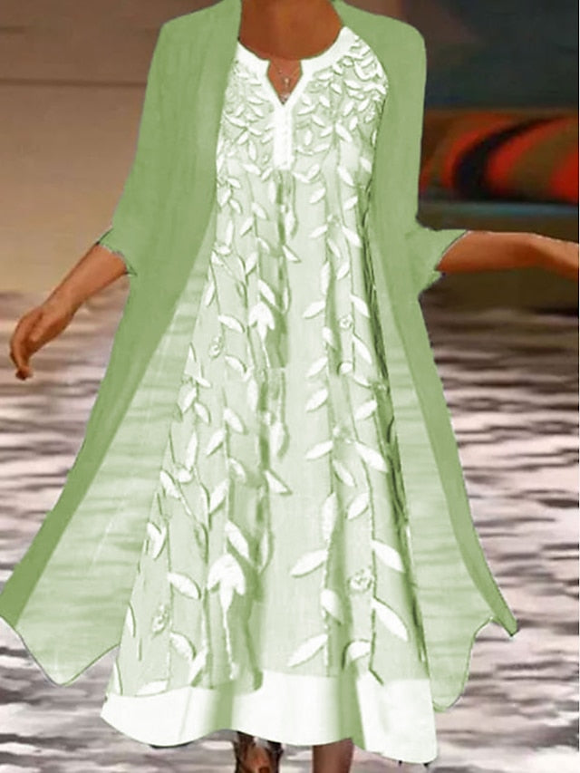 A Line Dress Midi Dress Gray 3/4 Length Sleeve Print Pure Color Ruched Fall Spring Crew Neck Elegant Casual Classic  S M L XL XXL 3XL / Loose for Women