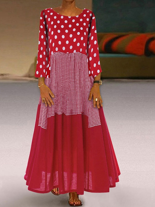 A Line Dress Maxi long Dress Black Yellow Red Long Sleeve Polka Dot Patchwork Summer Spring Crew Neck Hot Winter Dress Fall Dress Loose Fit  M L XL XXL 3XL 4XL 5XL for Women