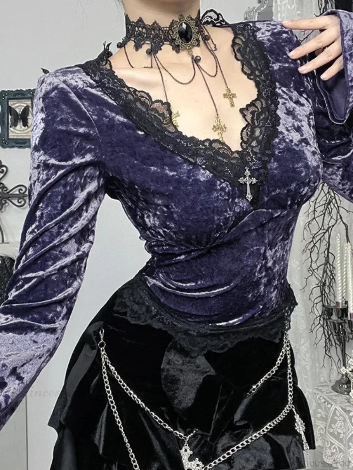 Velvet Lace Patchwork Knit Top