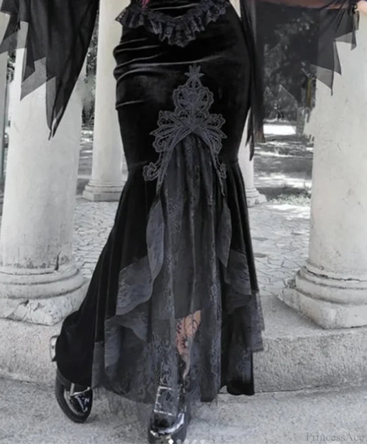 Velvet Lace Patchwork Trumpet Skirt