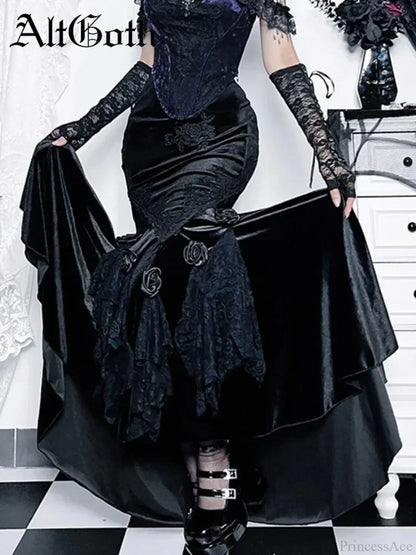 Velvet Lace Patchwork Trumpet Skirt