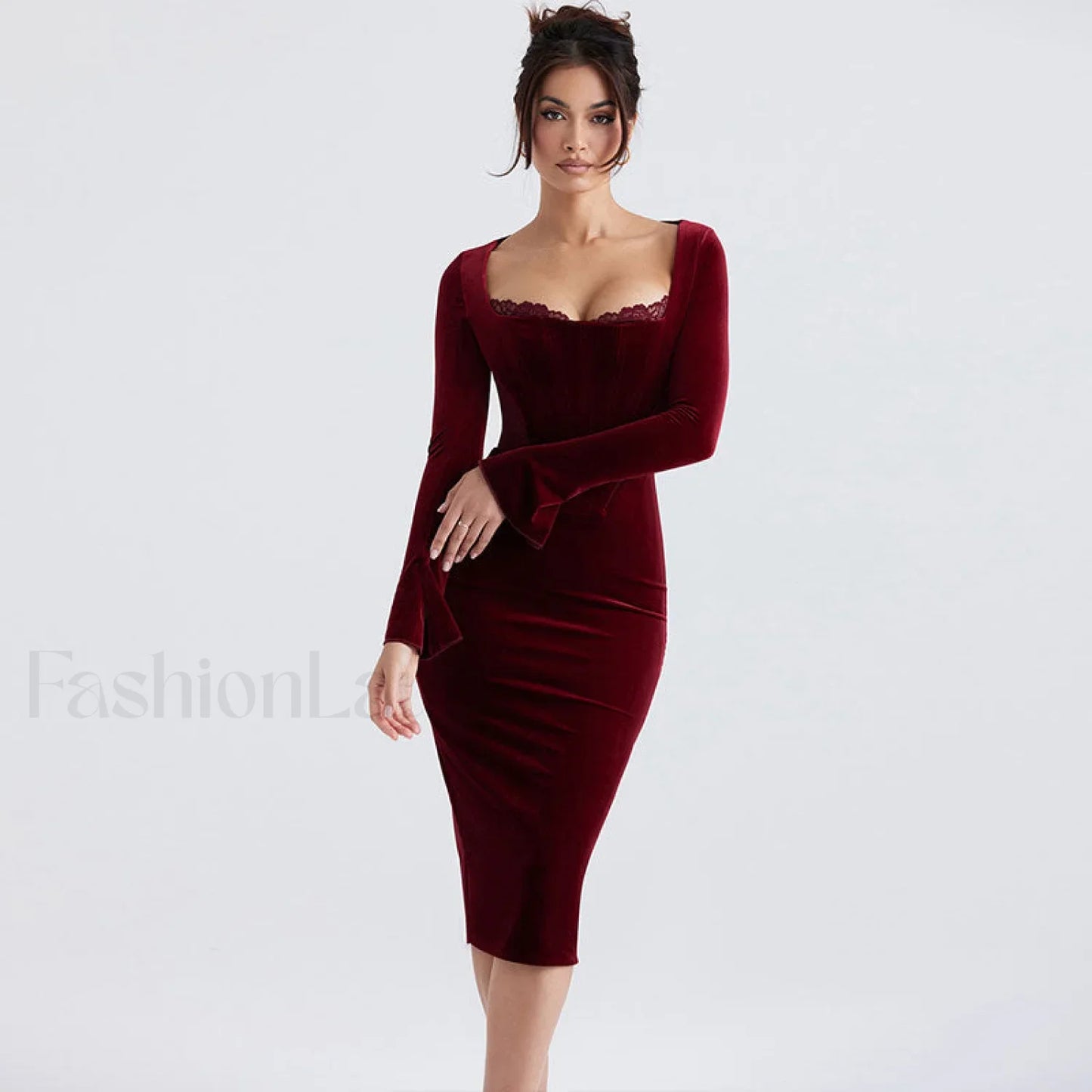 Velvet Long Sleeve Lace Trim Mesh Panel Corset Bodycon Midi Dress - Burgundy