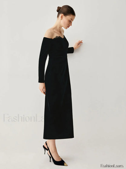 Velvet Off-shoulder Patchwork Trendy Slit Midi Dress