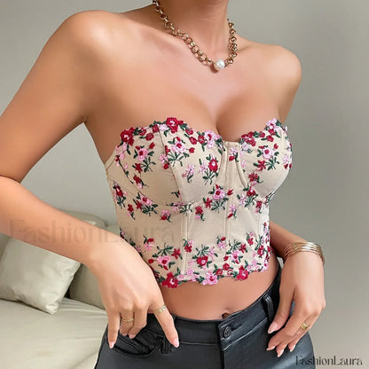 Vemina Y2K Embroidery Floral Strapless Tube Crop Top
