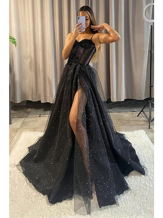 A-Line Prom Dresses Glitter Formal Gothic Dress Graduation Floor Length Sleeveless Sweetheart Spaghetti Tulle with Slit 2023