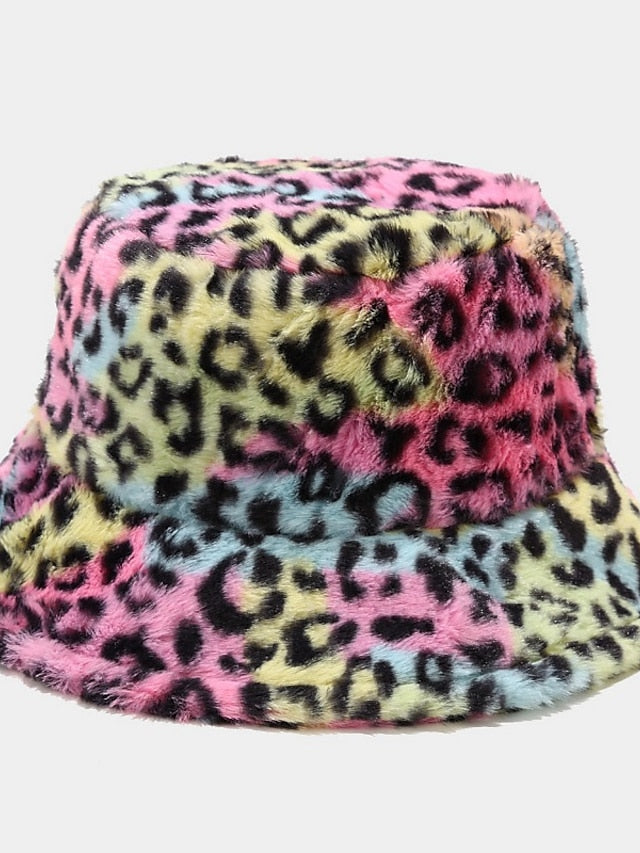 New Winter Bucket Hats Fluffy Fur Men Women Panama Hat Fashion Warm Fisherman Cap Multi Color Leopard Printed Hat for Women