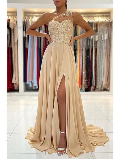 A-Line Prom Dresses Sexy Dress Formal Court Train Sleeveless One Shoulder Chiffon with Slit Appliques 2023
