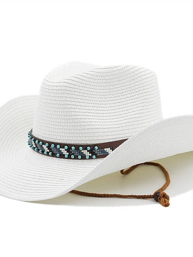 British Wind with Bead Leather Rope Cowgirl Summer Straw Hat for Women Men Western Cowboy Hat Lady Trendy Beach Sun Hat for Women