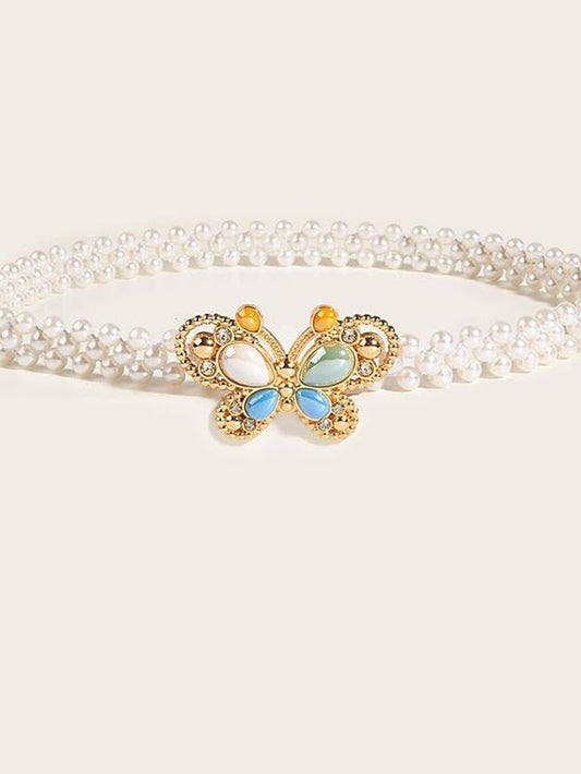 Chain Belt Plastic Buckle Free Bead Pearl Decor Classic Wedding Party Ceramic Butterfly Buckle Pearl Belt for Women