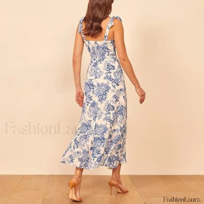 Vintage Blue Floral Print Floral Dress