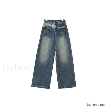 Vintage Blue Wash Trendy Patchwork Boyfriend Jeans