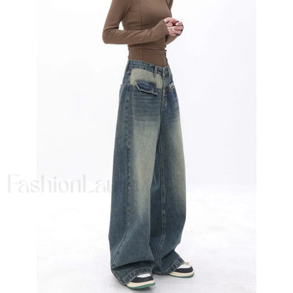 Vintage Blue Wash Trendy Patchwork Boyfriend Jeans