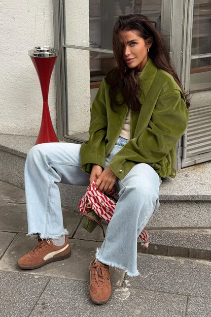 Vintage Green Velvet Loose Baseball Lapel Jacket