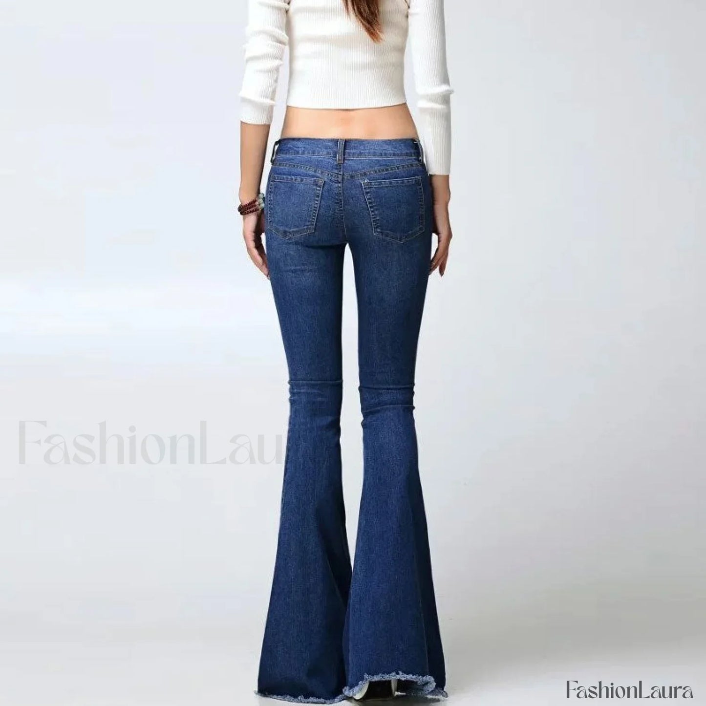 Vintage High Waist Faded Frayed Skinny Flare Jeans - Dark Blue