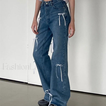 Vintage High Waist Trendy Bow Wide Leg Jeans