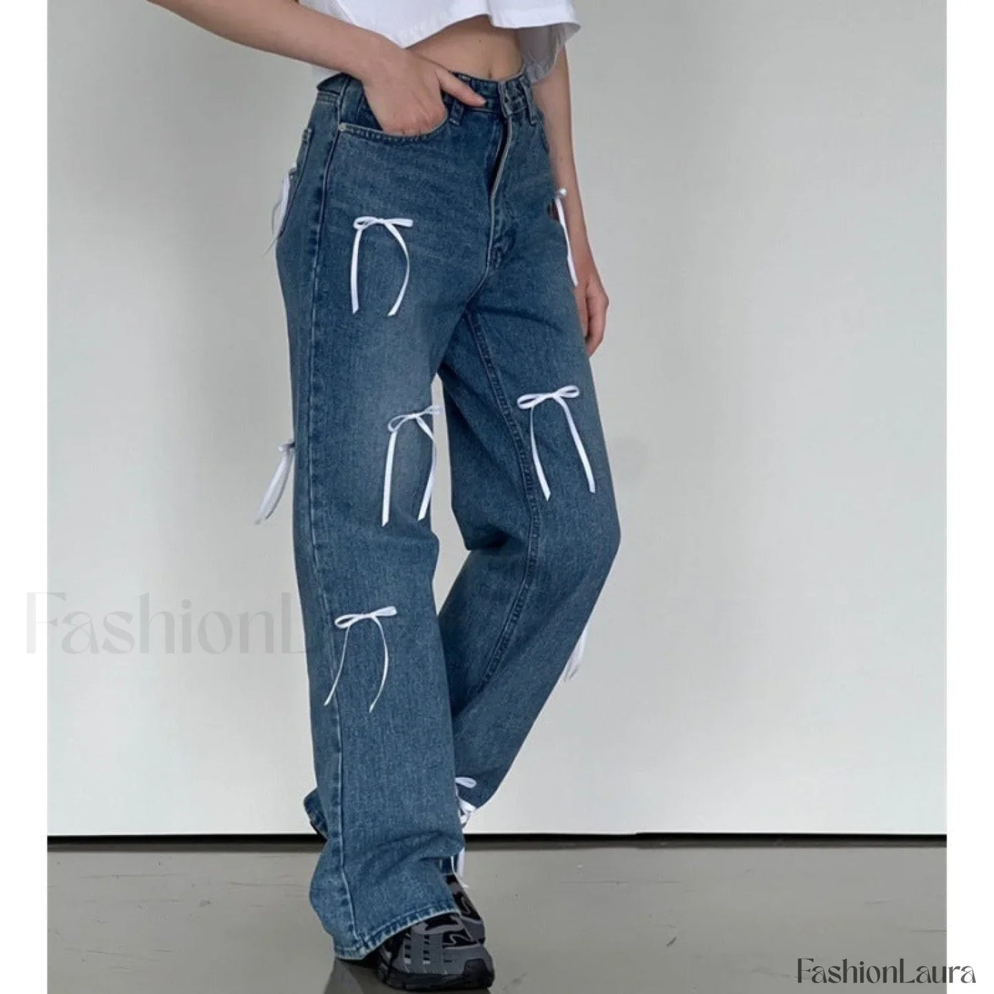 Vintage High Waist Trendy Bow Wide Leg Jeans