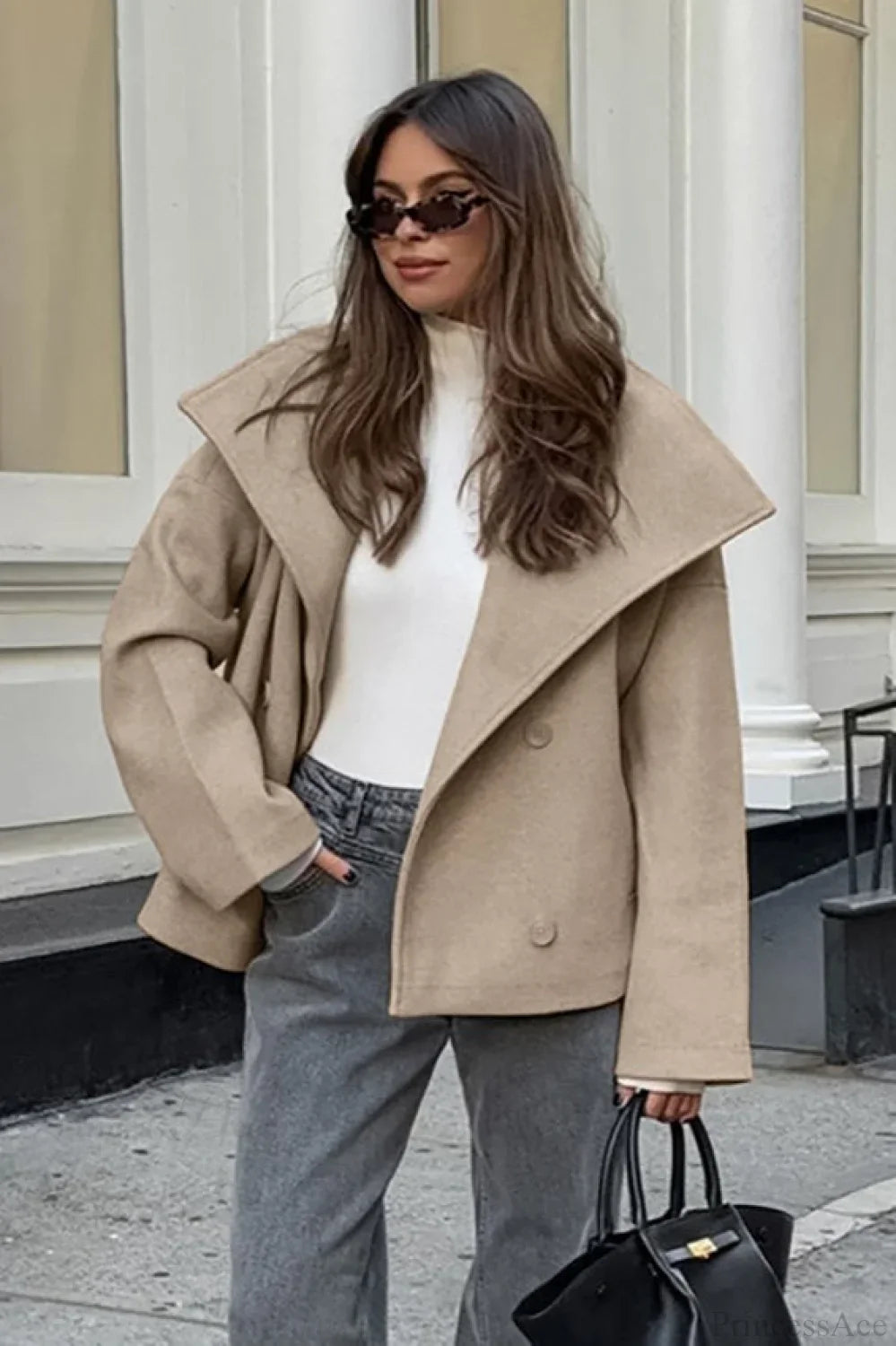 Vintage Khaki Double Breasted Thickened Wool Blend Coat