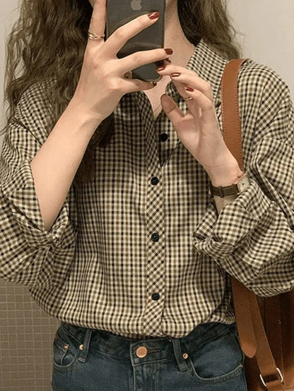 Vintage Long Sleeve Checkered Blouse