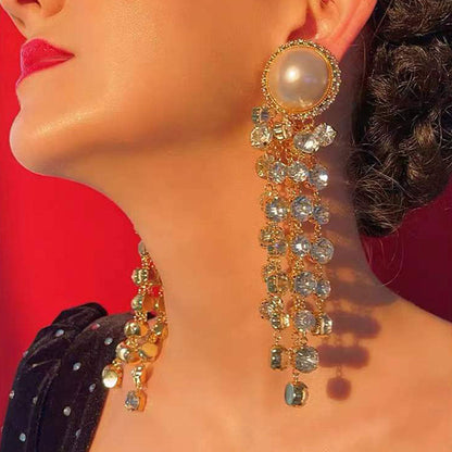 Pearl and Crystal Chandelier Earrings in Gold
