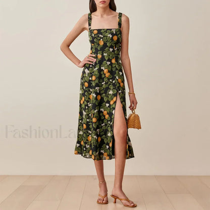 Vintage Print Chiffon Beach Dress Sleeveless Side Slit Floral Dress