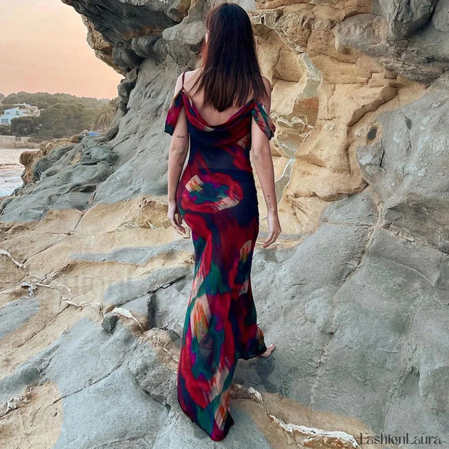 Vintage Print Cowl Neck Cold Shoulder Vacation Maxi Dress - Red